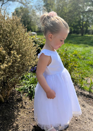 Cap Sleeves White Satin Tulle Pearls Embellished Flower Girl Dress